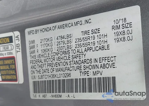 2019 Acura Rdx Standard из США, поврежденный, VIN 5J8TC1H36KL013296